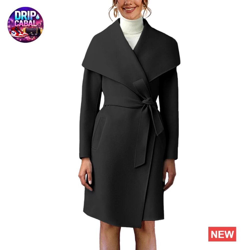 Classic Trench Coat Oversized Collar Belted Waist Long Jacket Open Front